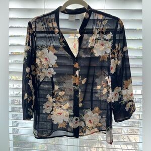 Emma James for Liz Claiborne 12 Petite Floral Black Mandarin Collar Blouse